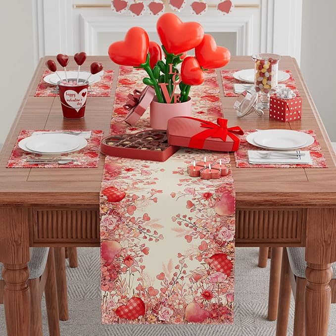 XCHI Wild Flowers Love Hearts Valentine’s Day Table Runner Table Decoration - Image 2