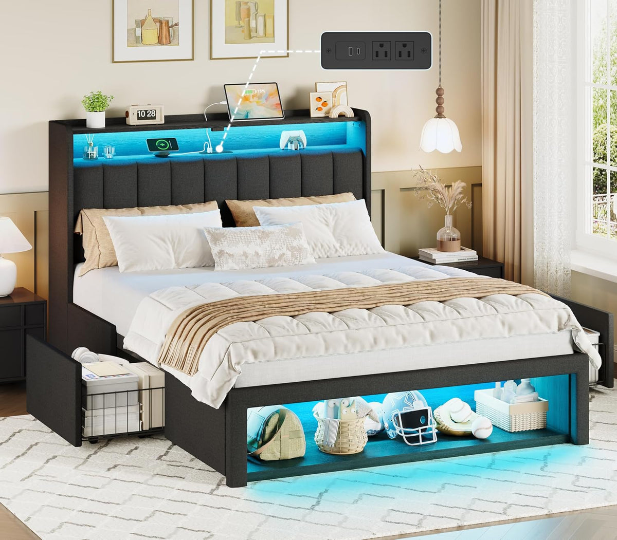 queen size bed frame with upholstered wingback headboard, main product view