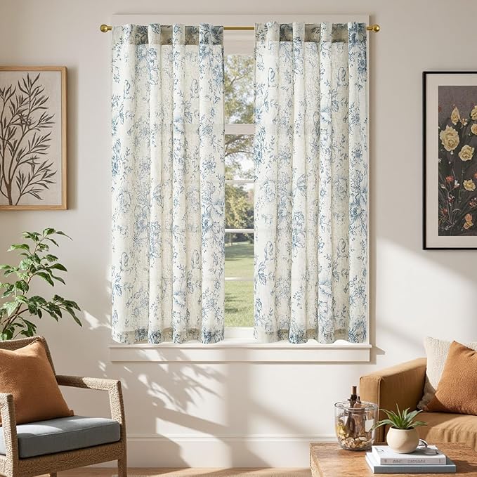jinchan Linen Floral Tier Curtains 54 Inch Farmhouse Botanic Cafe Curtains by JINCHAN