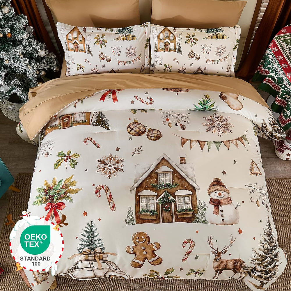 Luxudecor Christmas Comforter Set Queen Size 7 Pieces, Beige Farmhouse Bed in...