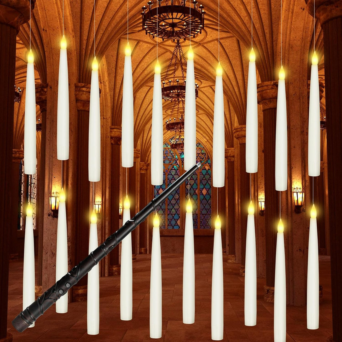 Boribim 20PCS Floating Candles with Wand, Magic Hanging Candles, Flickering Warm Light LED Taper Flameless Candles with Wand Remote, Battery Operated Window Candle for Halloween Decorations Best Gift