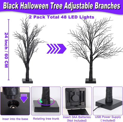 Halloween Decorations Indoor 2 Pack 24 Inch Black Spooky Tree with 48 Purple Led Lights, Timer/USB/Battery Operated Lighted Tabletop Tree Halloween Table Decor for Home Office Holiday Party