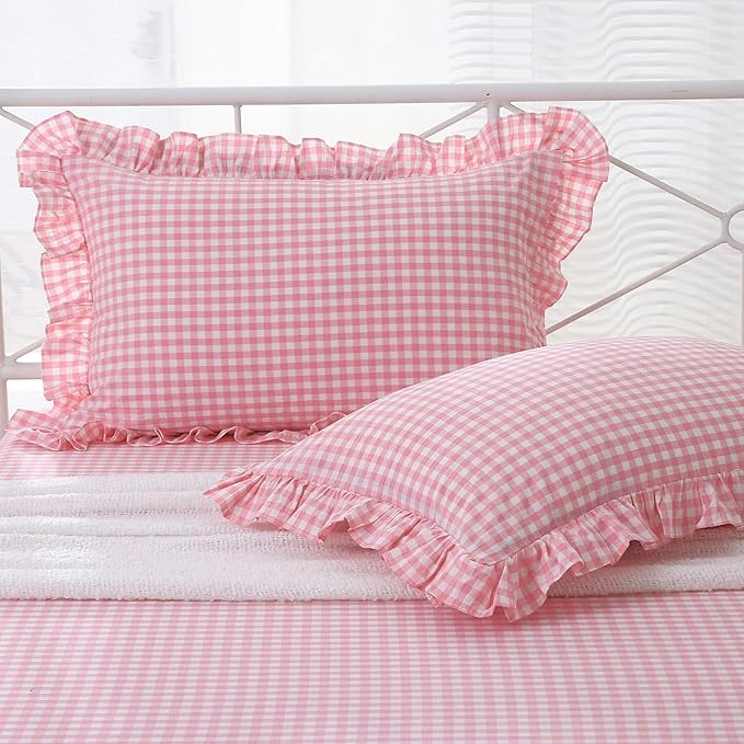 2 Pack Coral Pink Plaid Ruffle Gingham King Size Pillow Shams, 100% Washed by KMASANIJI