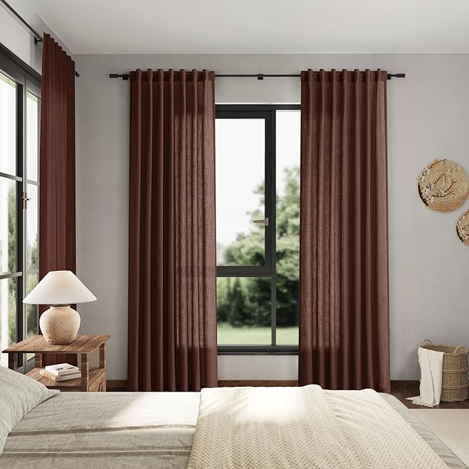 Rustic Brown Linen Curtains 84 Inch Length 2 Panels Set - Image 7