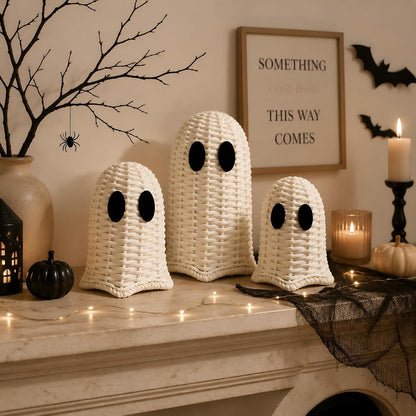 Geelin White 3 Pcs Halloween Rattan Wicker Ghosts Decoration Cute Farmhouse Ghost Figurines for Table Tray Shelf Desk Tiered Tray Centerpieces Indoor Tabletop Halloween Decor