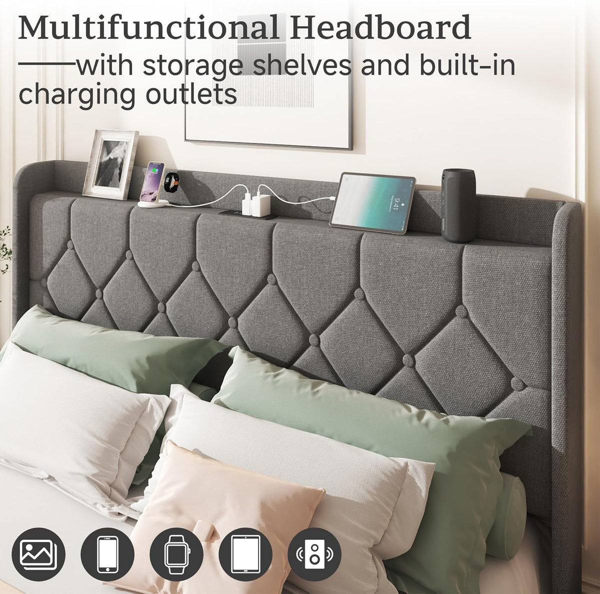 queen size bed frame, linen upholstered storage headboard&, side view