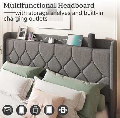 queen size bed frame, linen upholstered storage headboard&, side view