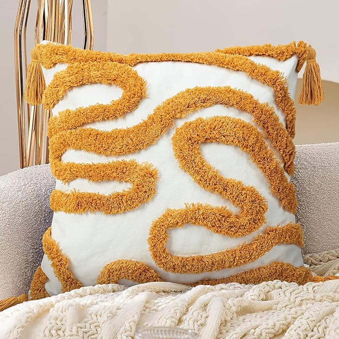 Adabana Yellow and White Pillow Covers Decorative Tufted Abstract Throw Pillows by Adabana