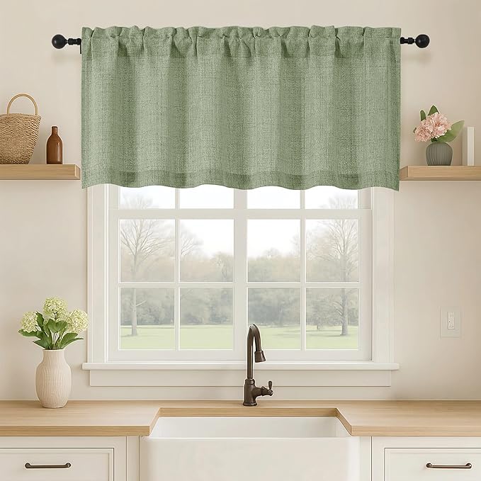 OVZME Green Valance for Windows, Light Filtering Faux Linen Textured Small Cafe by OVZME