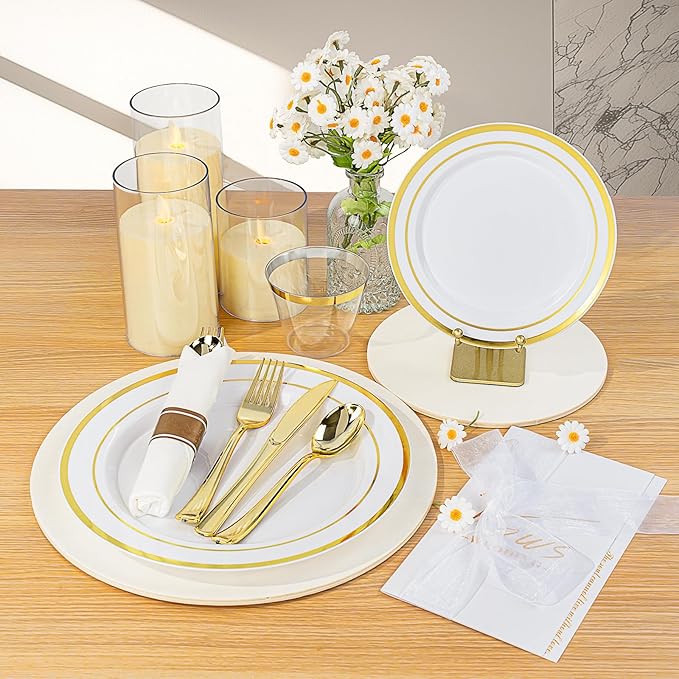 BESTVIP 700PCS Gold Plastic Dinnerware Set for 100 Guests, Disposable Plates for Party, Include: 200 Plastic Plates, 100 Pre Rolled Napkins with Gold Silverware, 100 Cups for Christmas, Halloween