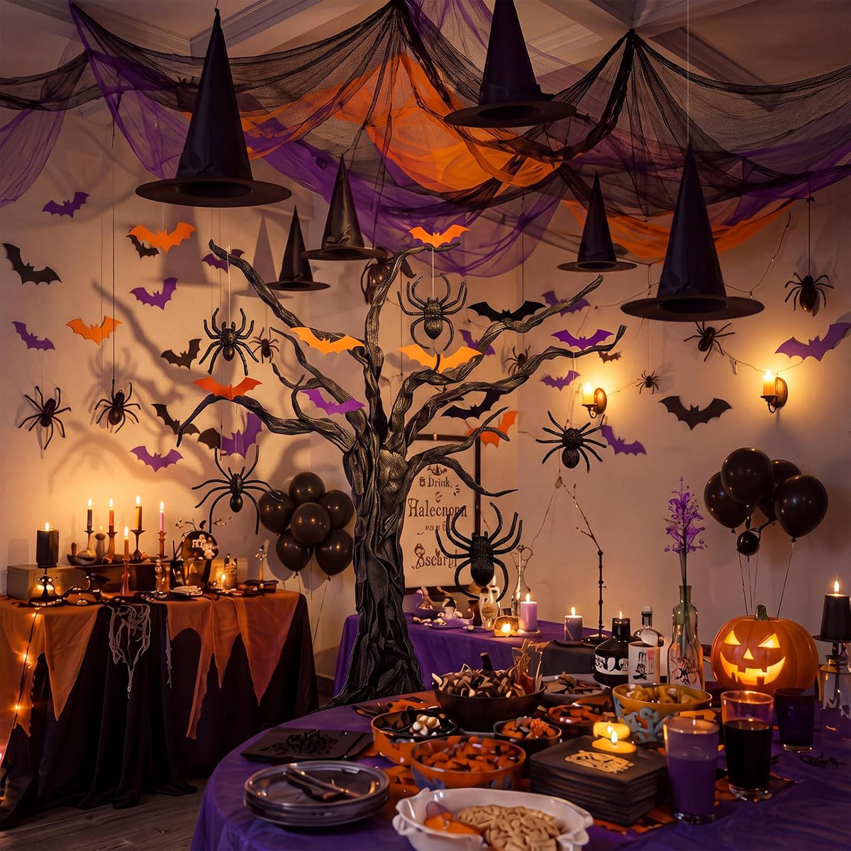167 Pcs Halloween Themed Decorations, Spooky Halloween Classroom Party Decor Kit with Bats Stickers, Fake Spiders, Tulle Gauze, Witch Hats & Black Kraft Paper for Indoor Outdoor Party Decor