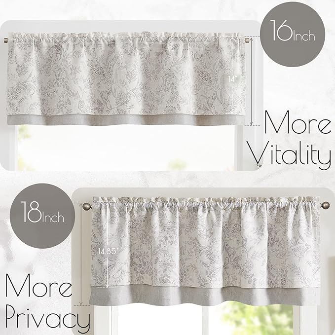 jinchan Linen Valance Curtain Farmhouse Grey Floral Printed Small Window Curtain - Image 7