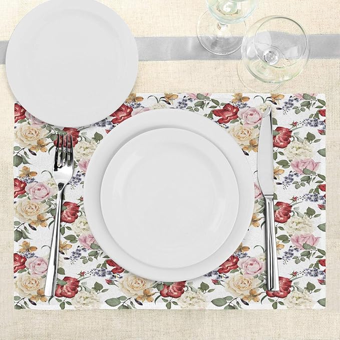 Ambesonne Shabby Flora Place Mats Set of 4, Summer Spring Season Buds Roses - Image 3