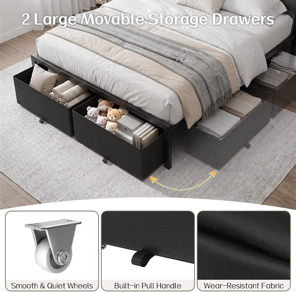 Full Size Bed Frame with 2 Storage Drawers & Upholstered Headboard