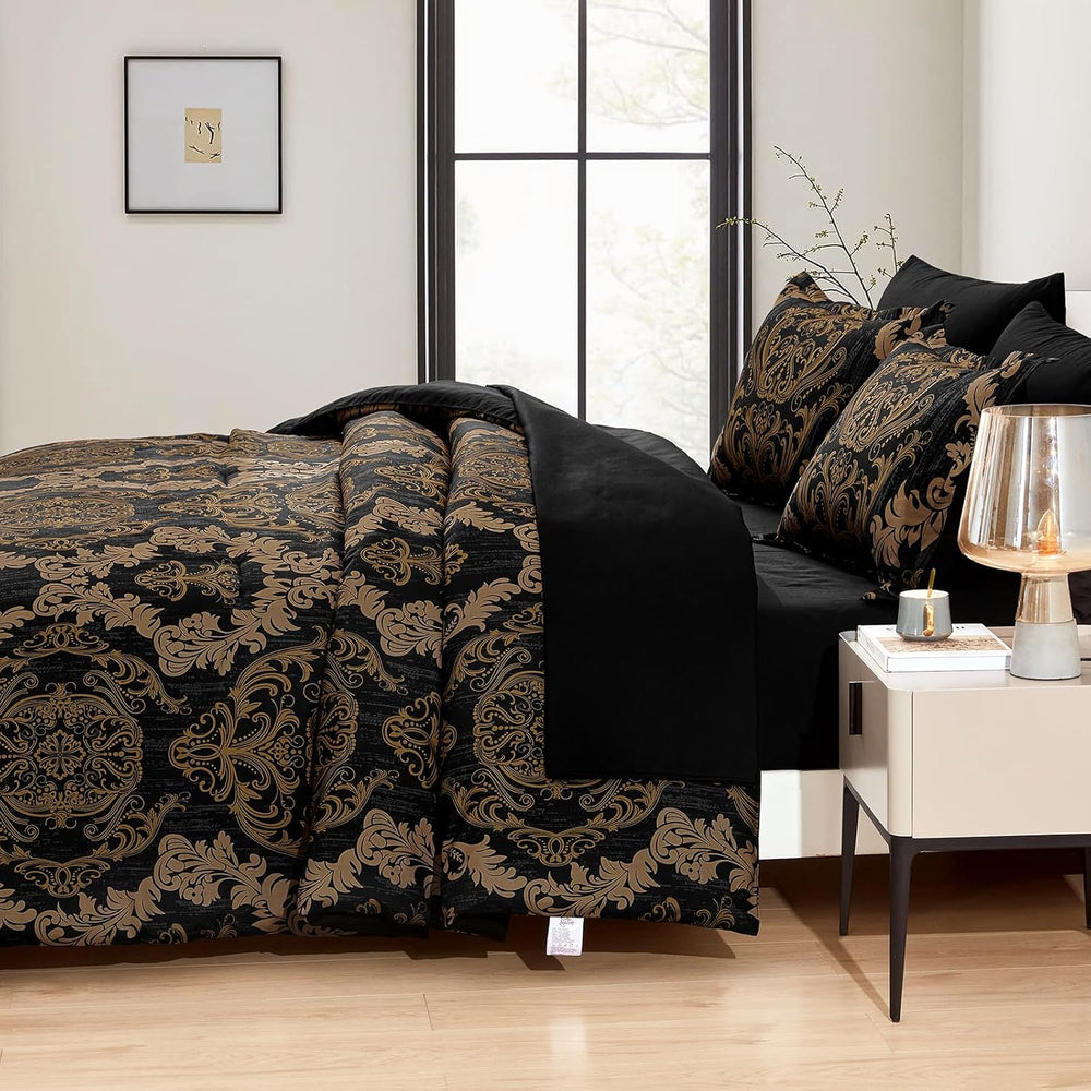WONGS BEDDING Black Comforter Set Queen Size, Gold Damask Texture 7 Pieces Be...