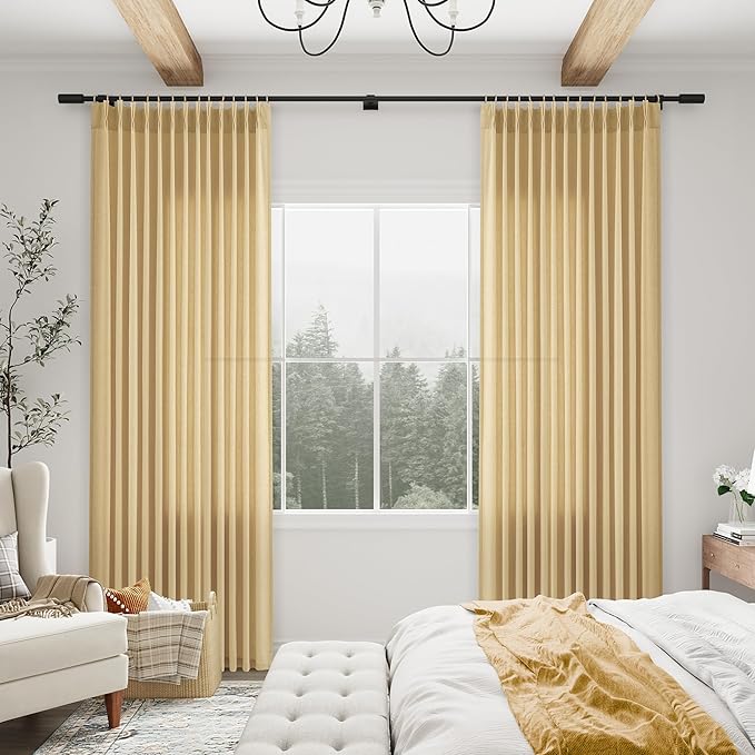 Gold Pinch Pleated Linen Curtains 90 Inch Length 2 Panels - Image 6
