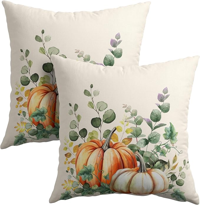 Fall Throw Pillow Cover 20x20 Inch Pack of 2 Autumn Watercolor Pumpkin Sage by Granbey