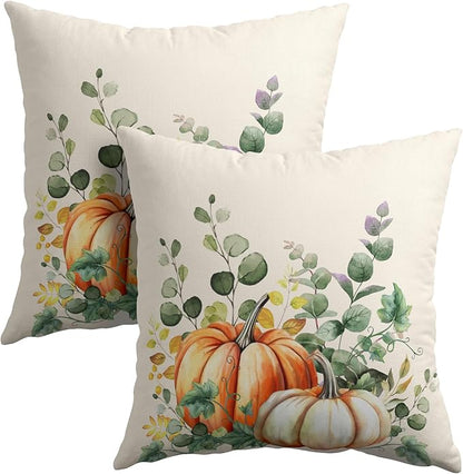 Fall Throw Pillow Cover 20x20 Inch Pack of 2 Autumn Watercolor Pumpkin Sage by Granbey