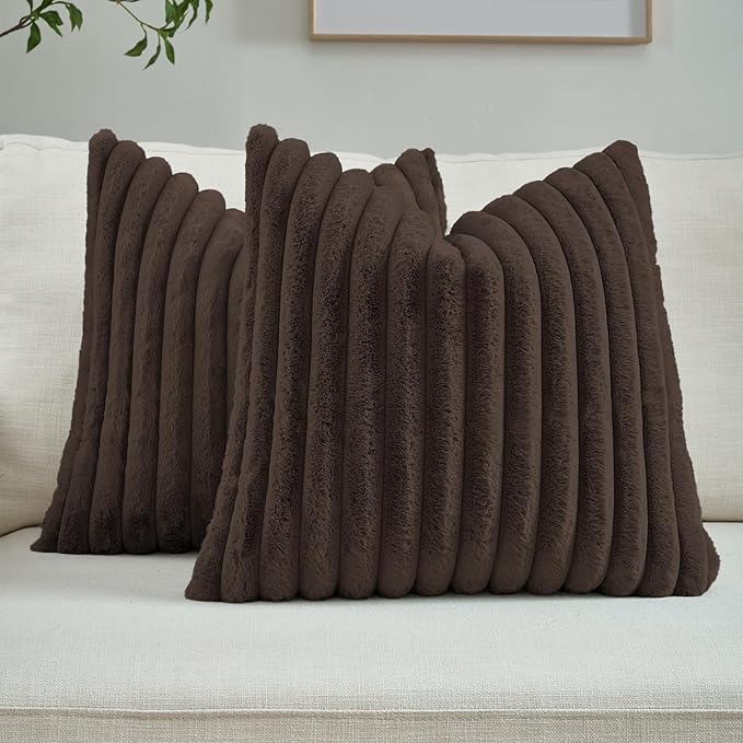 FUTEI Dark Coffee Throw Pillow Covers Set of 2, 18x18 Inch Striped Texture by FUTEI