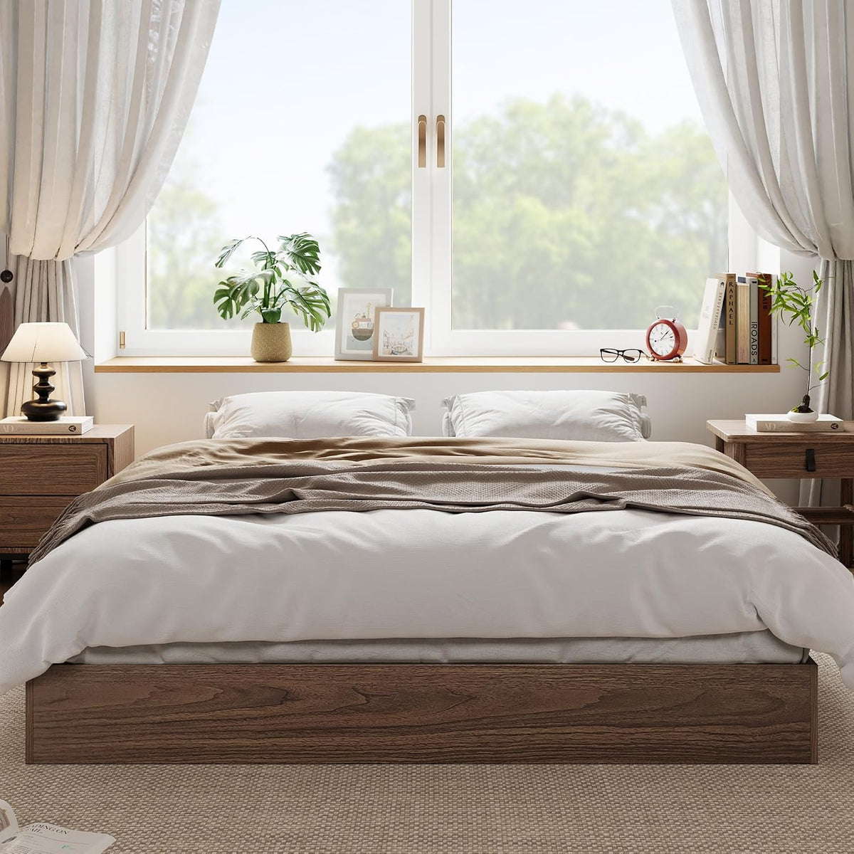 queen bed frame, wood platform bed with sturdy, front angle view