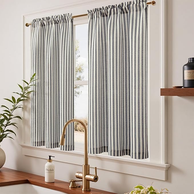 jinchan Striped Linen Kitchen Curtains 45 Inches Tier Curtains Farmhouse Modern - Image 2