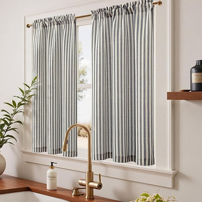 jinchan Striped Linen Kitchen Curtains 45 Inches Tier Curtains Farmhouse Modern - Image 2