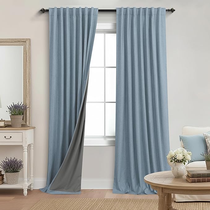 KOUFALL 90 Inch Stone Blue Linen Blackout Curtains, Thermal Insulated Blue Grey by KOUFALL