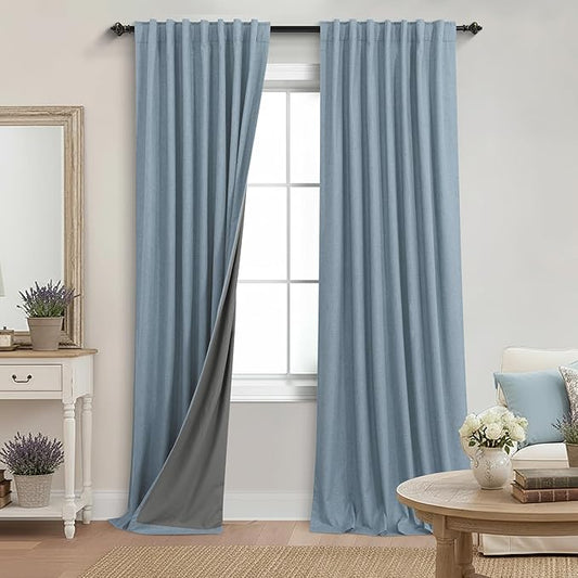 KOUFALL 90 Inch Stone Blue Linen Blackout Curtains, Thermal Insulated Blue Grey by KOUFALL