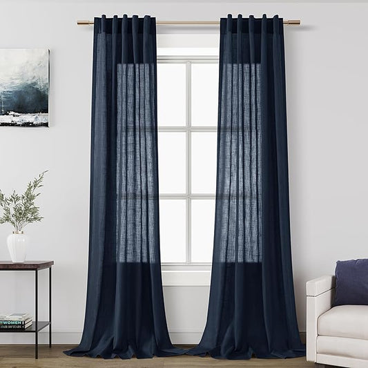 Navy Blue Linen Textured 96 Inch Curtains 2 Panel Set Back Tab Rod Pocket Semi by Nanspring