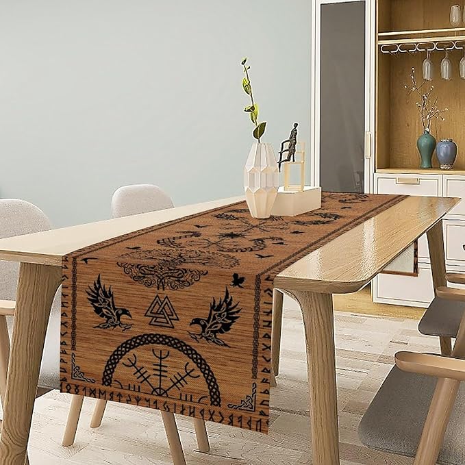 Viking Table Runners, Viking Tree of Life Raven Helmet of Awe Wood Print Table - Image 3