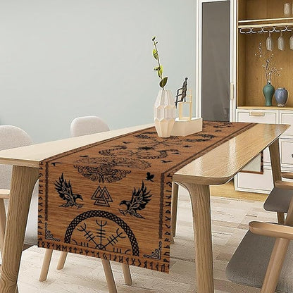 Viking Table Runners, Viking Tree of Life Raven Helmet of Awe Wood Print Table - Image 3