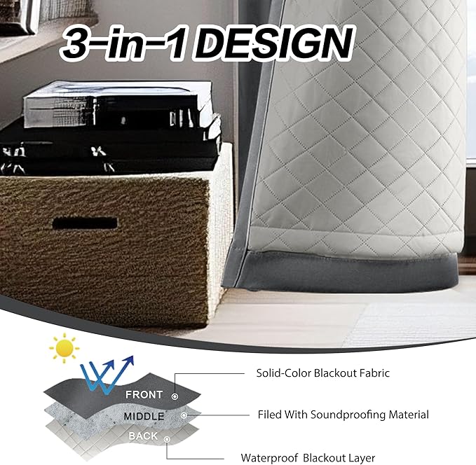 Soundproof 3 Layers 100% Blackout Grey Curtains 1 Panel 50x108 Thermal - Image 3