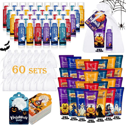 60 Pack Halloween Hand Cream and Lip Balm Set for Women, Halloween Gifts