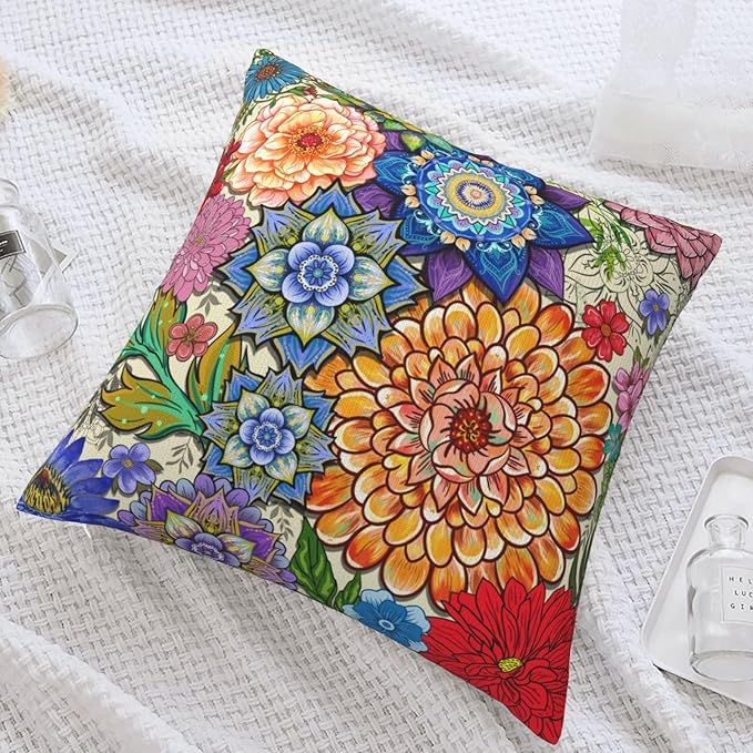 Boho Floral Throw Pillow Covers 18x18 Inch, Colorful Boho Flowers Throw Pillow - Image 4