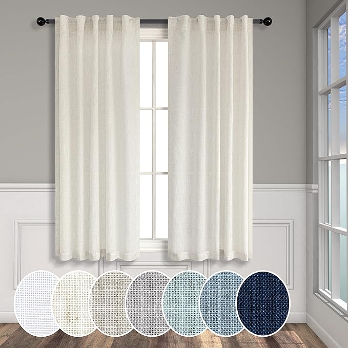 Natural Linen Curtains for Small Windows 38 Inch Wide 2 Panels Set Back Tab by Pitalk