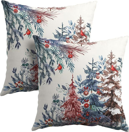 Christmas Tree Throw Pillow Covers 18x18 Inch Set of 2 Winter Watercolor Pine by Granbey