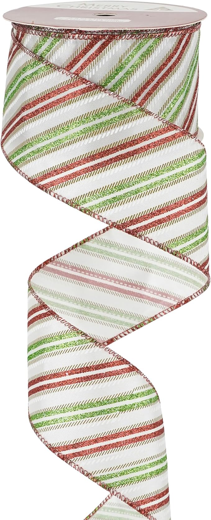 MEEDEE Red and Green Diagonal Striped Ribbon 2.5 Inch White Satin by MEEDEE