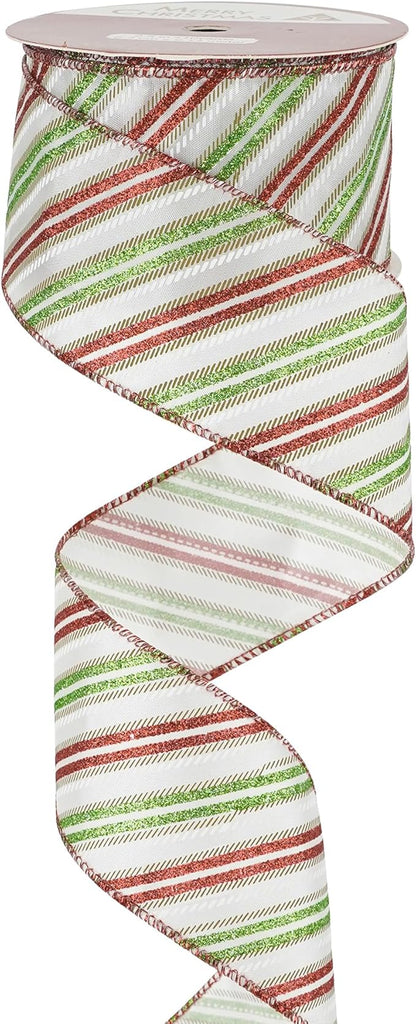 MEEDEE Red and Green Diagonal Striped Ribbon 2.5 Inch White Satin by MEEDEE