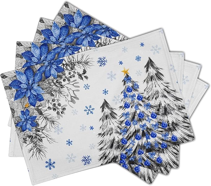 Giwawa Christmas Placemats Set of 4 Blue Grey Xmas Trees Balls Linen Place Mat - Image 2