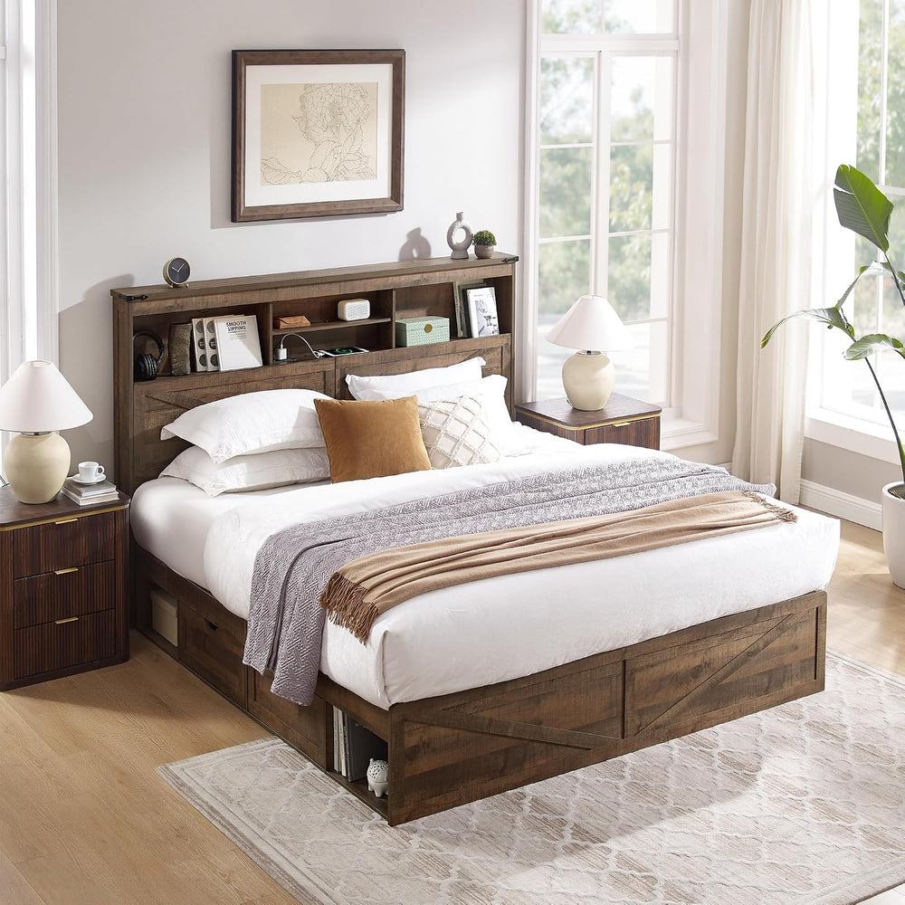 ACCOHOHO Queen Bed Frame Farmhouse with 52" Storage Bookcase Headboard, ...