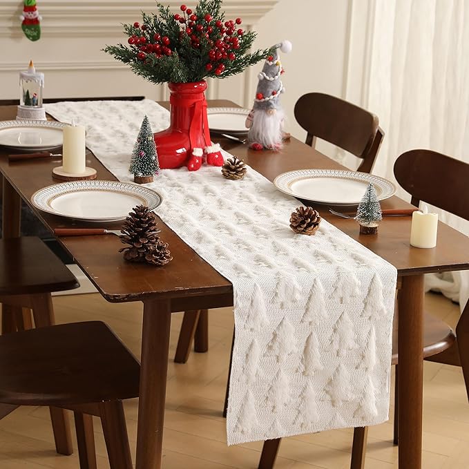 Christmas Tbale Runner 13x72 Inch Soft Plush Faux Fur Jacquard CreamWhite Big - Image 6