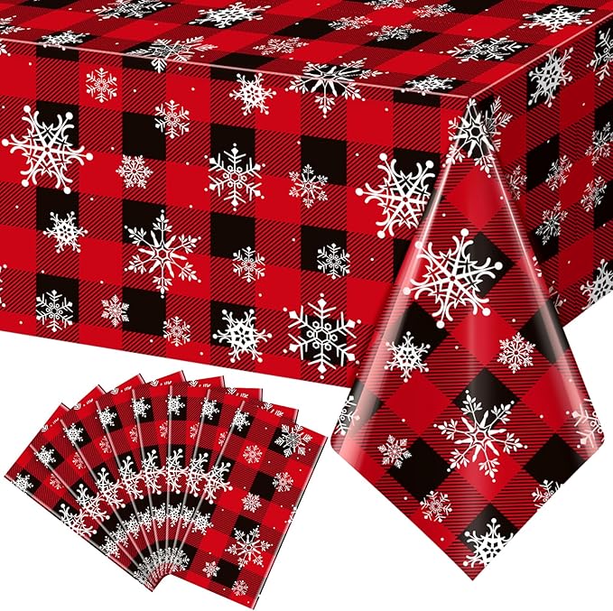 8 Pieces Red and Black Buffalo Plaid Merry Christmas Party Tablecloth by JectivsPartyDecorations