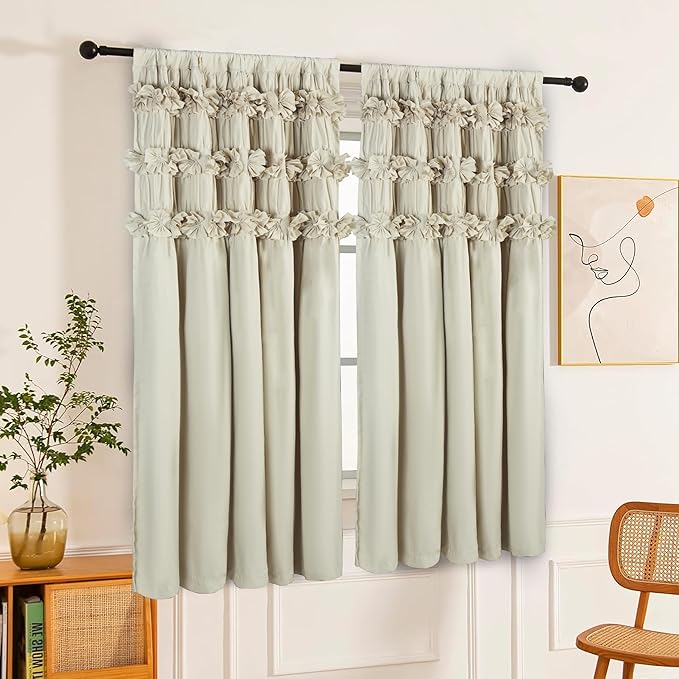 Camel Blackout Curtains with Handmade Ruffles, Butterfly Flower Embellishments - Image 8