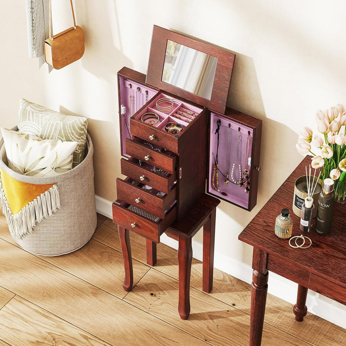 giantex standing jewelry armoire cabinet with 4 drawers shown in use