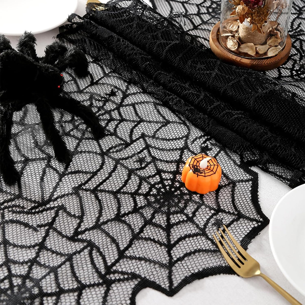 Halloween Table Runner 6 Pieces 18 x 72 Inch for Halloween Decor - Vivid Polyester Black Spider Web Lace Table Runner for Halloween Masquerade Party Dinner Table Decorations