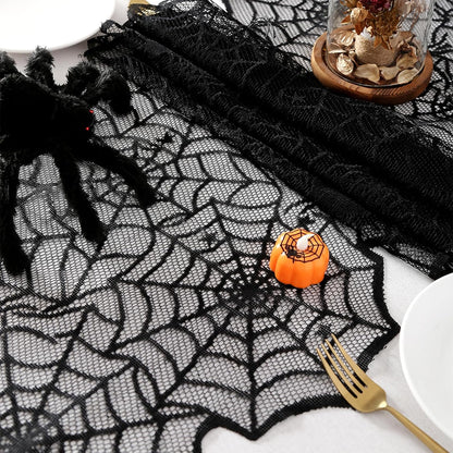 Halloween Table Runner 6 Pieces 18 x 72 Inch for Halloween Decor - Vivid Polyester Black Spider Web Lace Table Runner for Halloween Masquerade Party Dinner Table Decorations