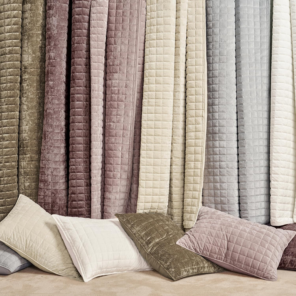 recyco channel box stitch velvet quilt set, king on a desk or shelf