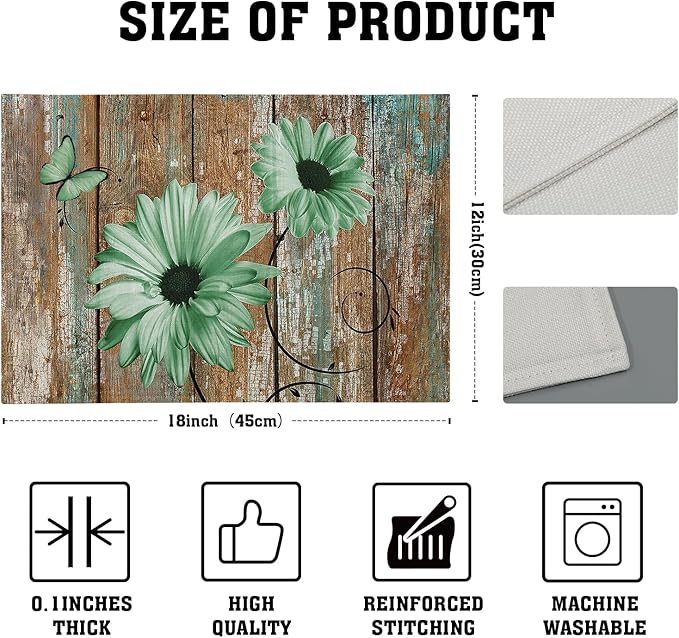 Giwawa Rustic Daisy Placemats Set of 4- Green Sunflowers on Vintage Wood Board - Image 4