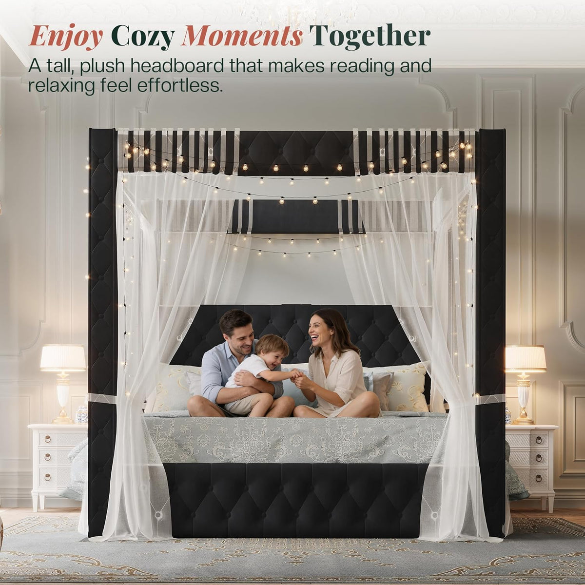 jocisland queen canopy bed frame velvet upholstered headboard, close-up detail