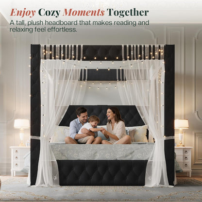 jocisland queen canopy bed frame velvet upholstered headboard, close-up detail